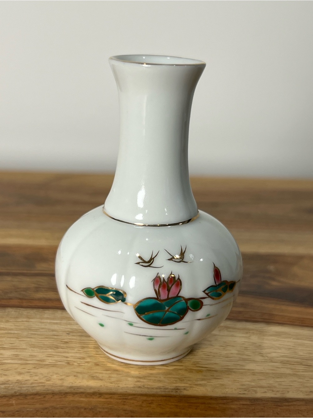 Vintage Chinese White Porcelain Bud Vase with Green and Pink Lotus Motif